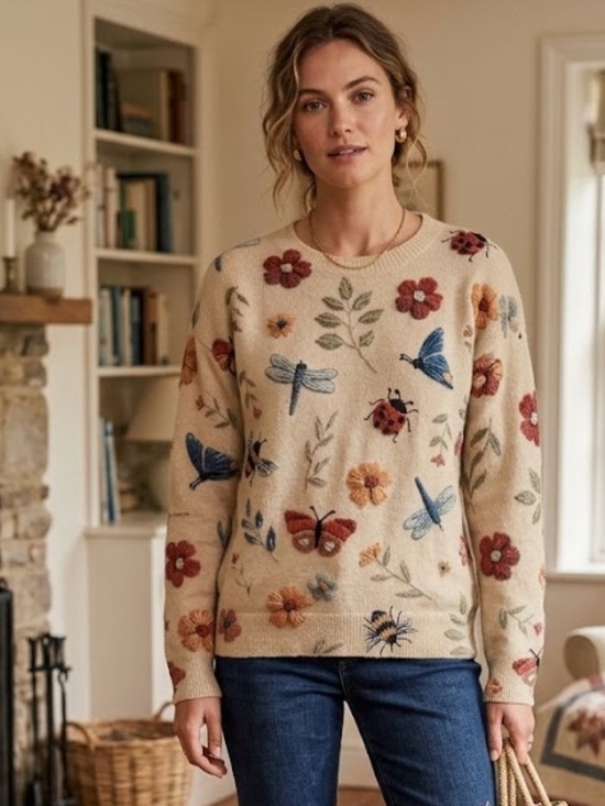 Sweaters - Embroidered Cream Floral & Insect Knit Sweater